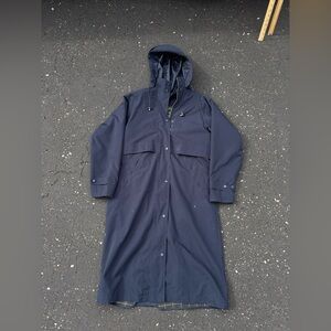 Vintage LL Bean Trench Rain Coat w Wool Plaid Liner Hooded Navy Women’s Small